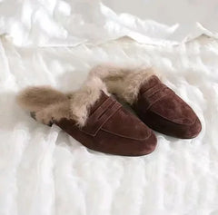 Ingvn  Slip on Simple Shoes Outwear Woman Warm Shoes Mules Natural Suede Flat Shoes for Women SlippersMules Women's Fur Flats Slippers