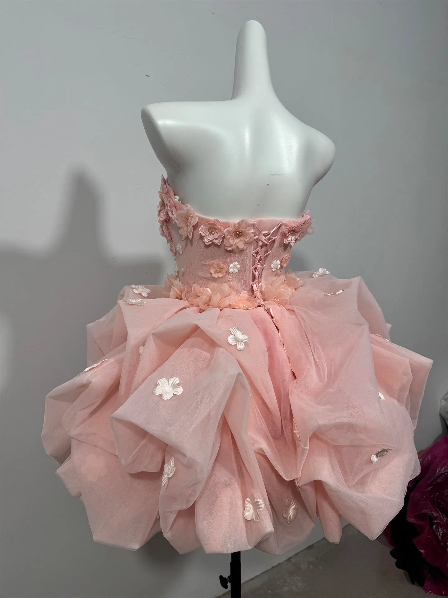 Ingvn  Spring Elegant Princess Pink Birthday Party Dress Sleeveless Strapless Beaded Embroidery Sweet Puffy Short Dress for Women