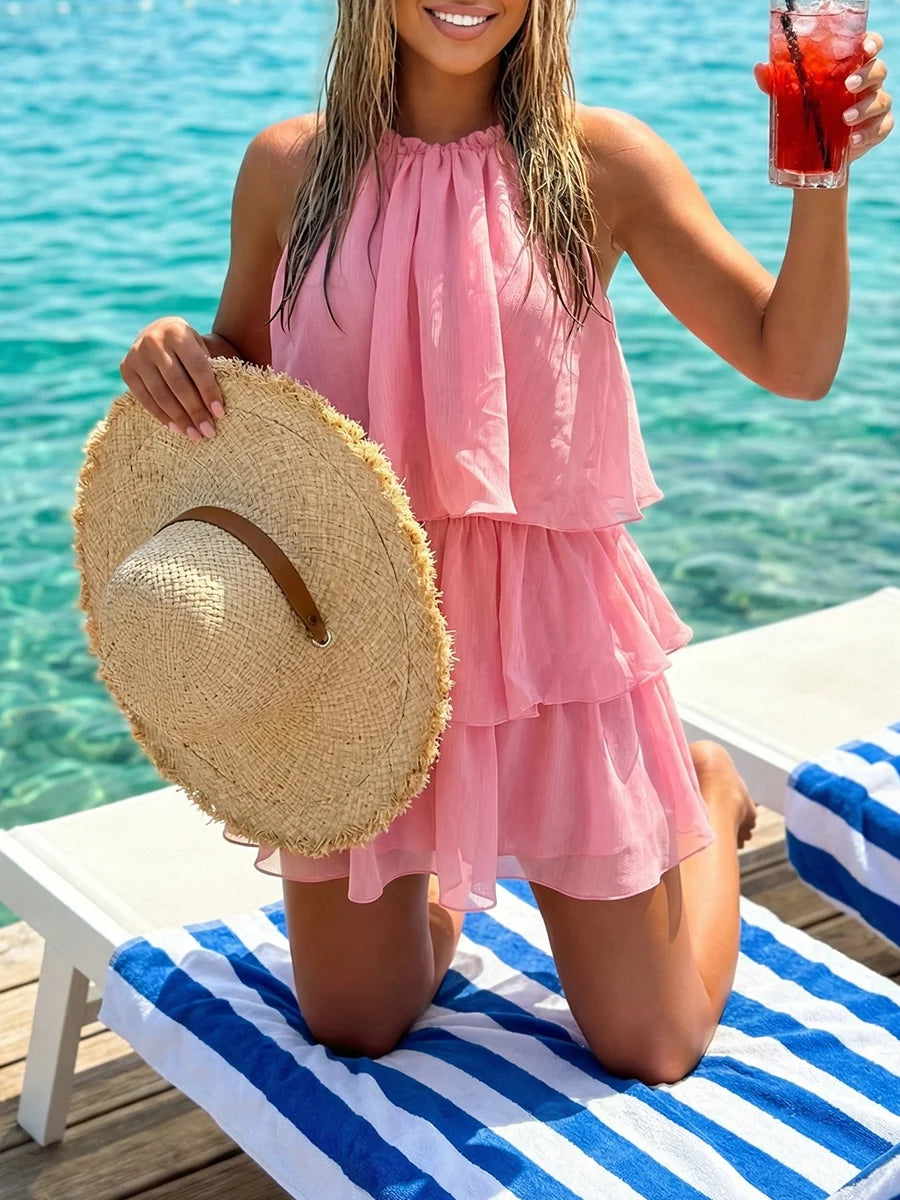Ingvn  Solid Loose Spliced Ruffles Chic Dress for Women Halter Sleeveless Beach Vacation Dresses Female Summer Fashion New