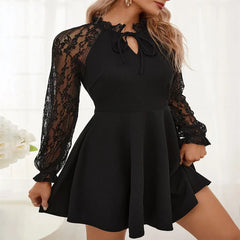 Ingvn  European American Autumn Winter New Elegant Women's Solid Color French Contrast Lace Long-sleeved Dress
