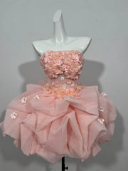 Ingvn  Spring Elegant Princess Pink Birthday Party Dress Sleeveless Strapless Beaded Embroidery Sweet Puffy Short Dress for Women