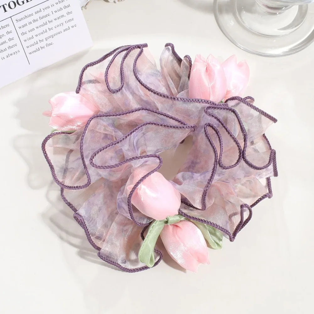 Ingvn  Sweet Cute Floral Mesh Scrunchie Sweet Dot Mesh Ruffled Sheer Tulle Flower Hair Rope French Romantic Large Hair Ties