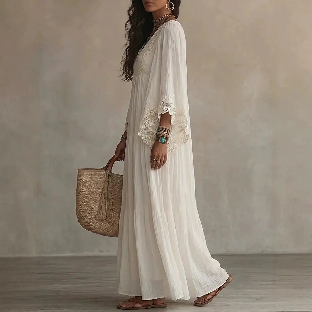 Ingvn  Vintage Solid Long Dresses New Women Boho Lace Trim Deep V Neck Flowy Maxi Dresses Ladies Fashion Beach Holiday Party Vestidos