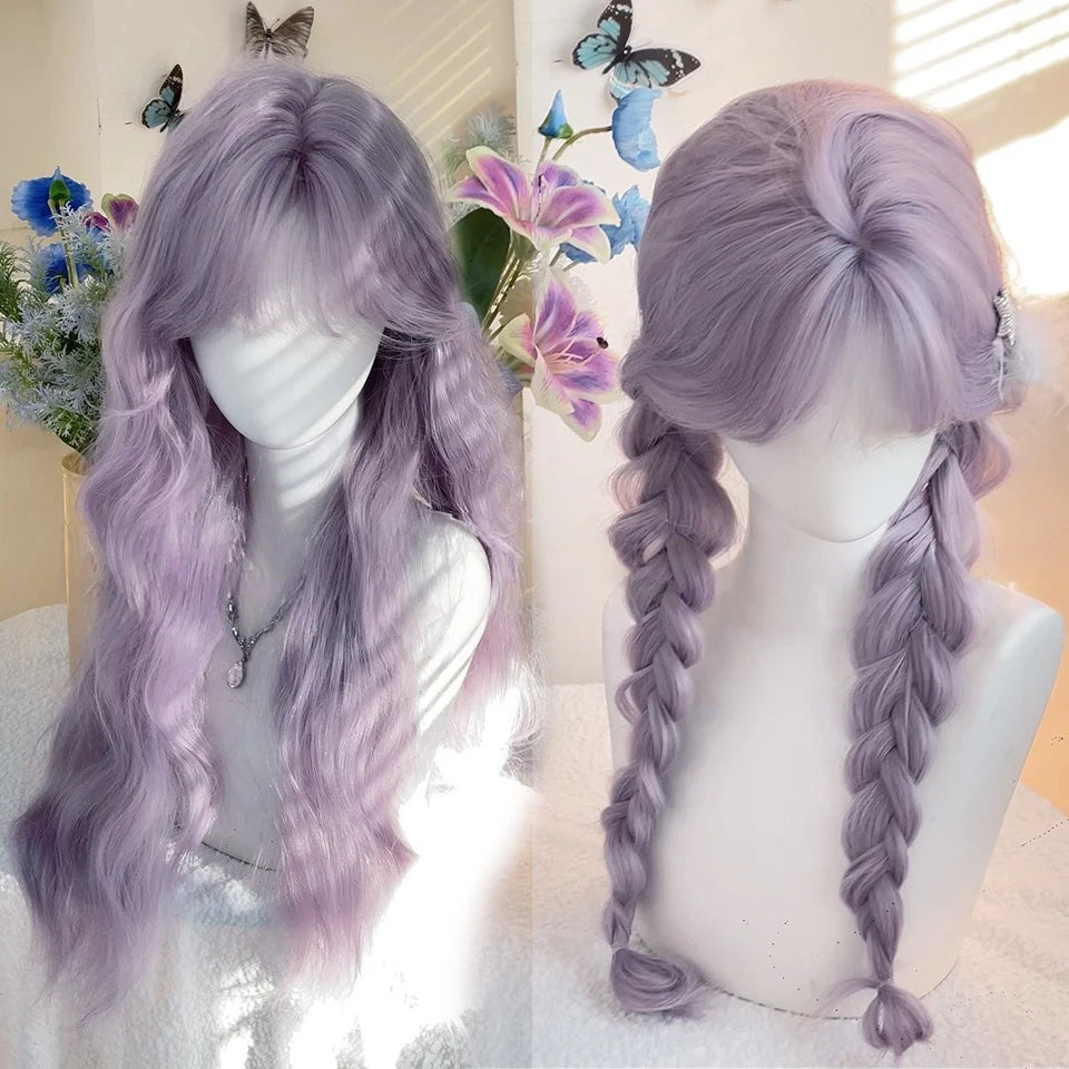 Ingvn  Long Wavy Grey Purple Wig Synthetic Natural Looking Lolita Cosplay Wig Halloween Costume Party Wig for Women Daily Wear