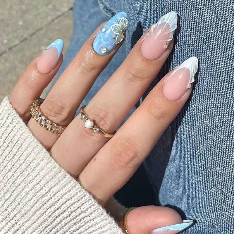 Ingvn  24Pcs 3D Shell Pattern Press on False Nails with Green Camellia Design Short Round Head Wearable Almond French Fake Nail Set