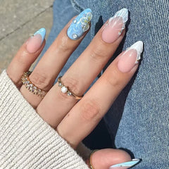Ingvn  24Pcs 3D Shell Pattern Press on False Nails with Green Camellia Design Short Round Head Wearable Almond French Fake Nail Set