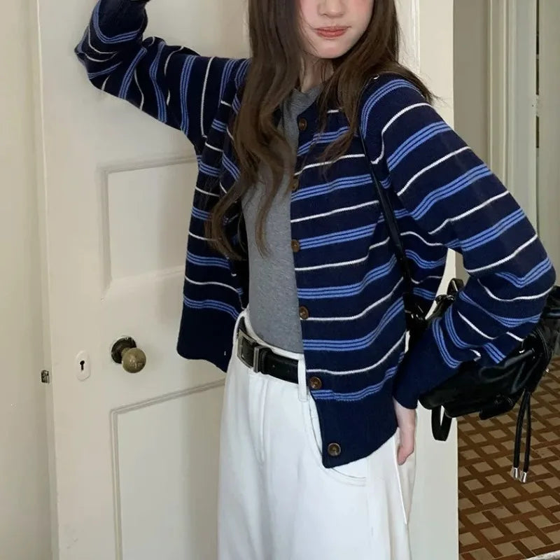 Ingvn - Women's Autumn Winter New Korean Color Block Striped Knit Cardigan Casual Design Versatile Sweater Chic Coquette Trendy