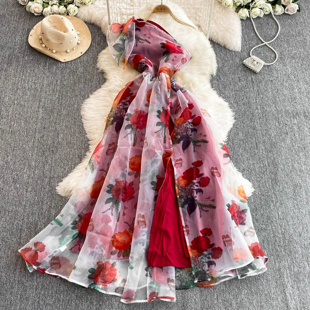 Ingvn  Spring Floral Series Holiday Dr Women's Summer High Waist Slim Fit Sexy Strapl Midi Length Belted Gown Korean Sle