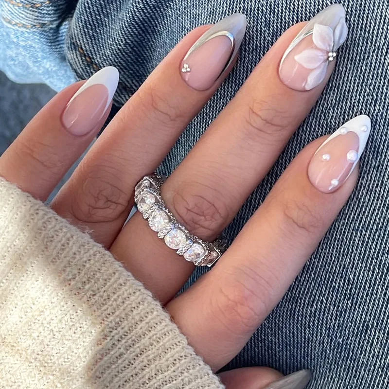 Ingvn  24Pcs Nude Pink Gradient French White Fake Nails Press on Mid-length Almond False Nail with Pearl Gold Chain Polka Dot Nail Tips