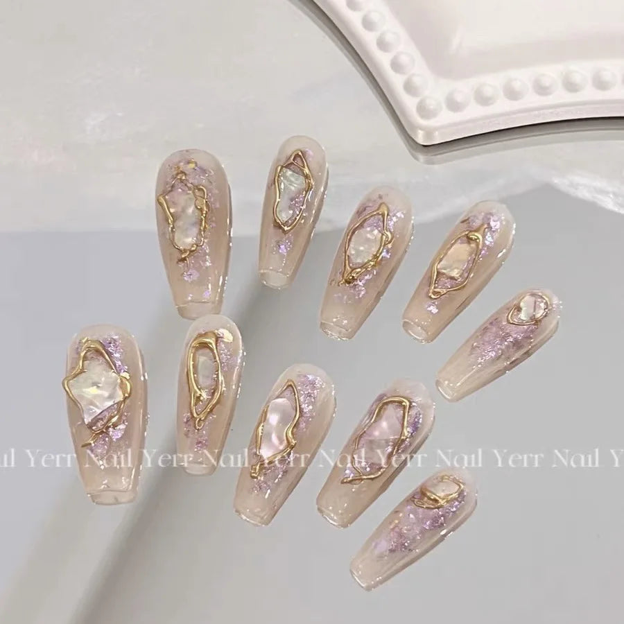 Ingvn  10Pcs Handmade Press on Nails Long Ballet Blue Fake Nails with 3D Ocean Moon Rhinestone Design False Nails Full Cover Nail Tips