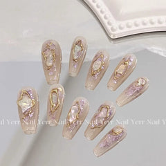 Ingvn  10Pcs Handmade Press on Nails Long Ballet Blue Fake Nails with 3D Ocean Moon Rhinestone Design False Nails Full Cover Nail Tips