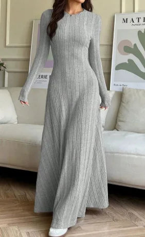 Ingvn - New Autumn And Winter Women's Slim Casual Fit Fashionable Women's Knitted Pit Stripe Solid Color Long Sleeved Round Neck Dress