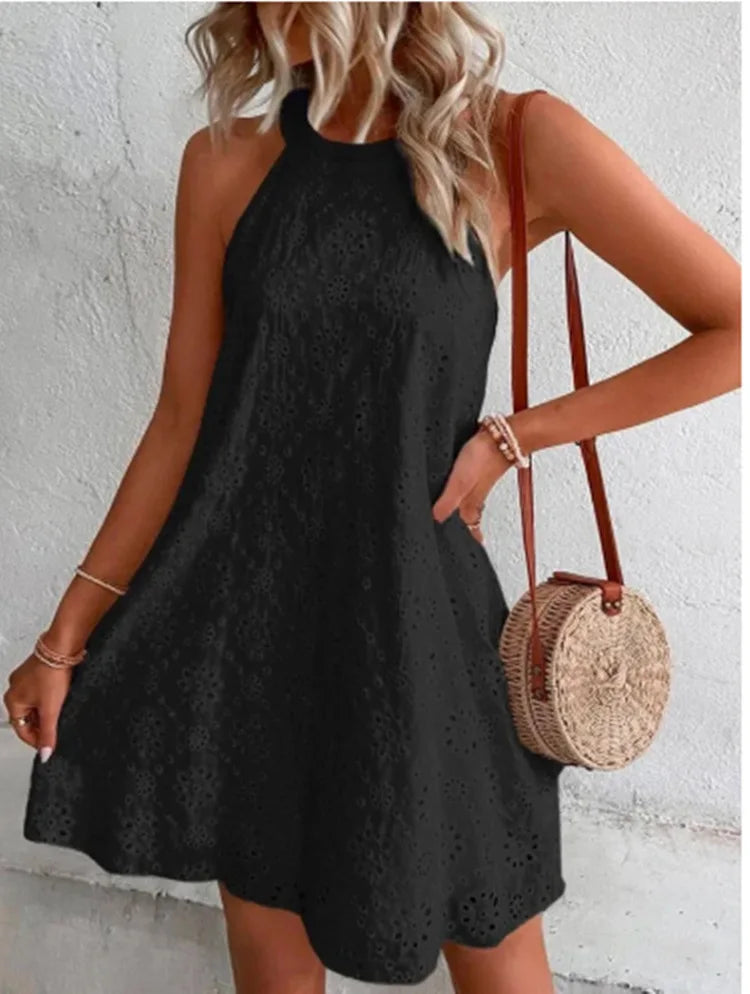 Ingvn  European and American Summer New Women's Lace Solid Color Sleeveless Button Halter Dress