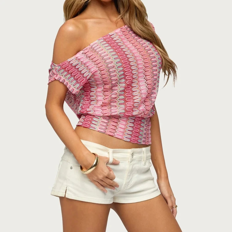 Ingvn  Women Summer Off One Shoulder T-Shirts Y2k Striped Sheer Cinched Waist Slim Fit See Through Crop Tops Knit Tee Top