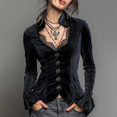Ingvn  Women's Gothic Elegant Striped Blouse Lace Trim Sexy V Neck Long Bell Sleeve Button Front Shirt Vintage Punk Party Tops