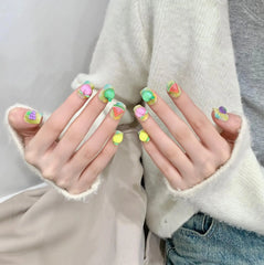 10PCS Summer 3D Fruit Grape False Nails Cute Short Square Cartoon Decor Handmade Gradient Y2K Fake Nails Set Press On Ballet Tip