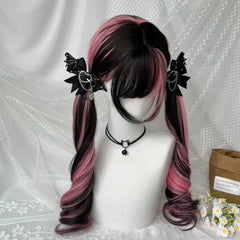 Ingvn - Long Wavy Black Highlight Pink Wig with Bangs Synthetic Diy Cosplay Wig Daily Wear Natural Wig Halloween Costume Wig for Women