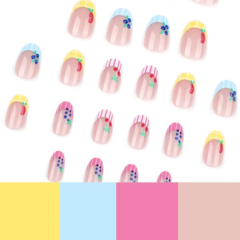Ingvn  24pcs Women Cute Cartoon Fruit Press on Nails with Tools Beach Short Round Fake Nail for Girls French False Nails with Glue