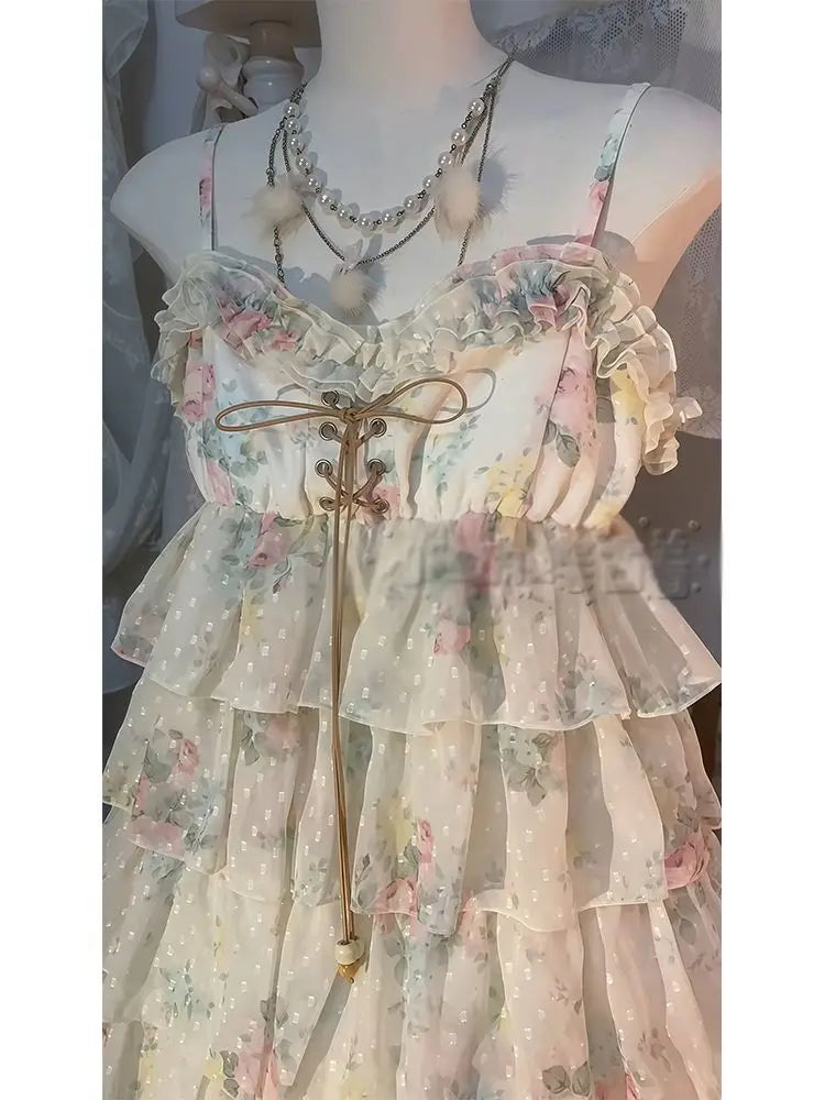Ingvn  Y2k Sweet Lolita Floral Mini Dress Outfits Women Japanese Vintage Ruffle Dress High Waist Kawaii Cute Casual Dress Chic