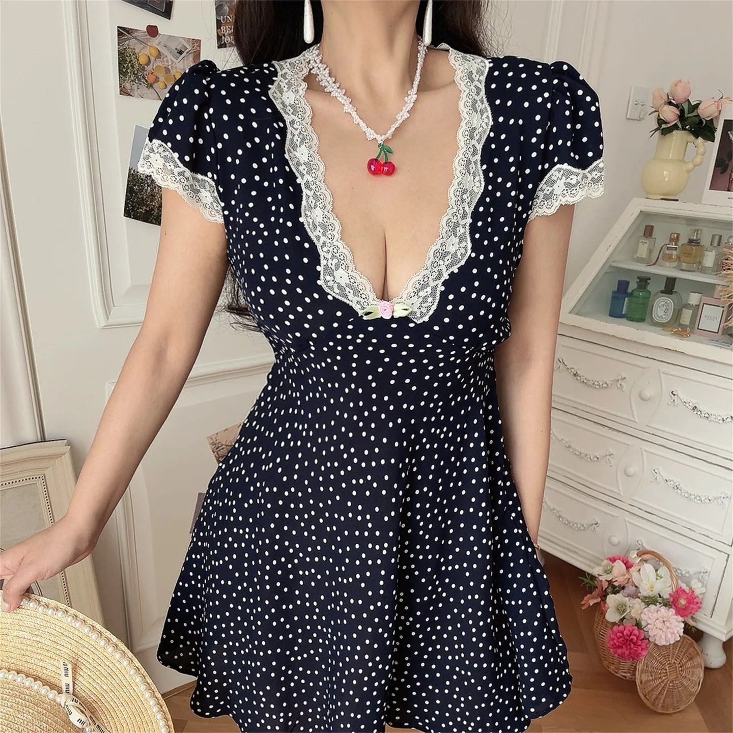 Ingvn  Chenopod Spring Summer Lace V-neck Bubble Sleeve Polka Dot Waist-cinching Holiday Dress Short A-line Skirt French Style Polye...