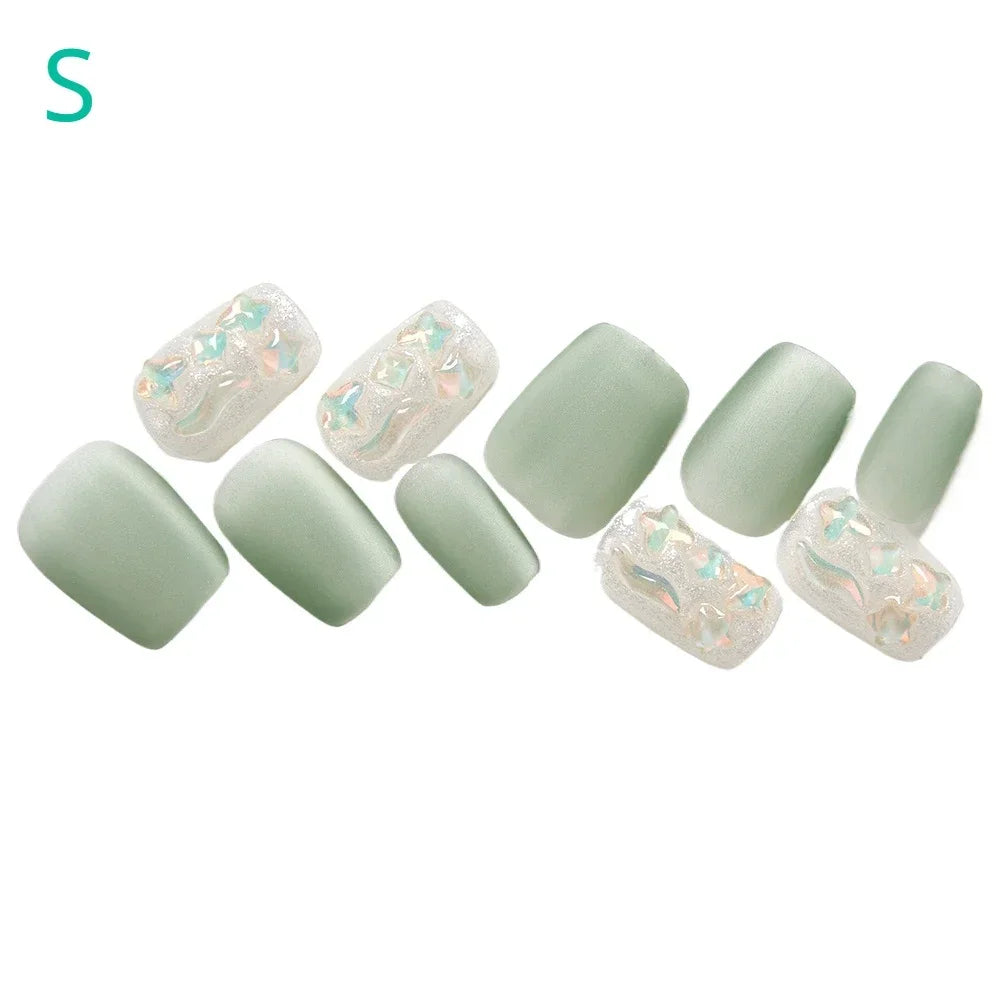 10pcs Handmade Green Gradient Fake Nails Short Square False Nails with Water Diamond Summer Cat's Eye Nails for Women and Girls