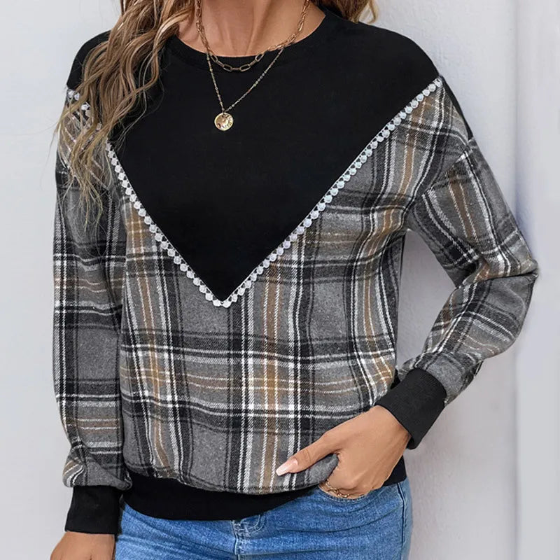 Ingvn - Women Round Neck Plaid Color Block Sweatshirt Lace Trim Long Sleeve Casual Pullover Top