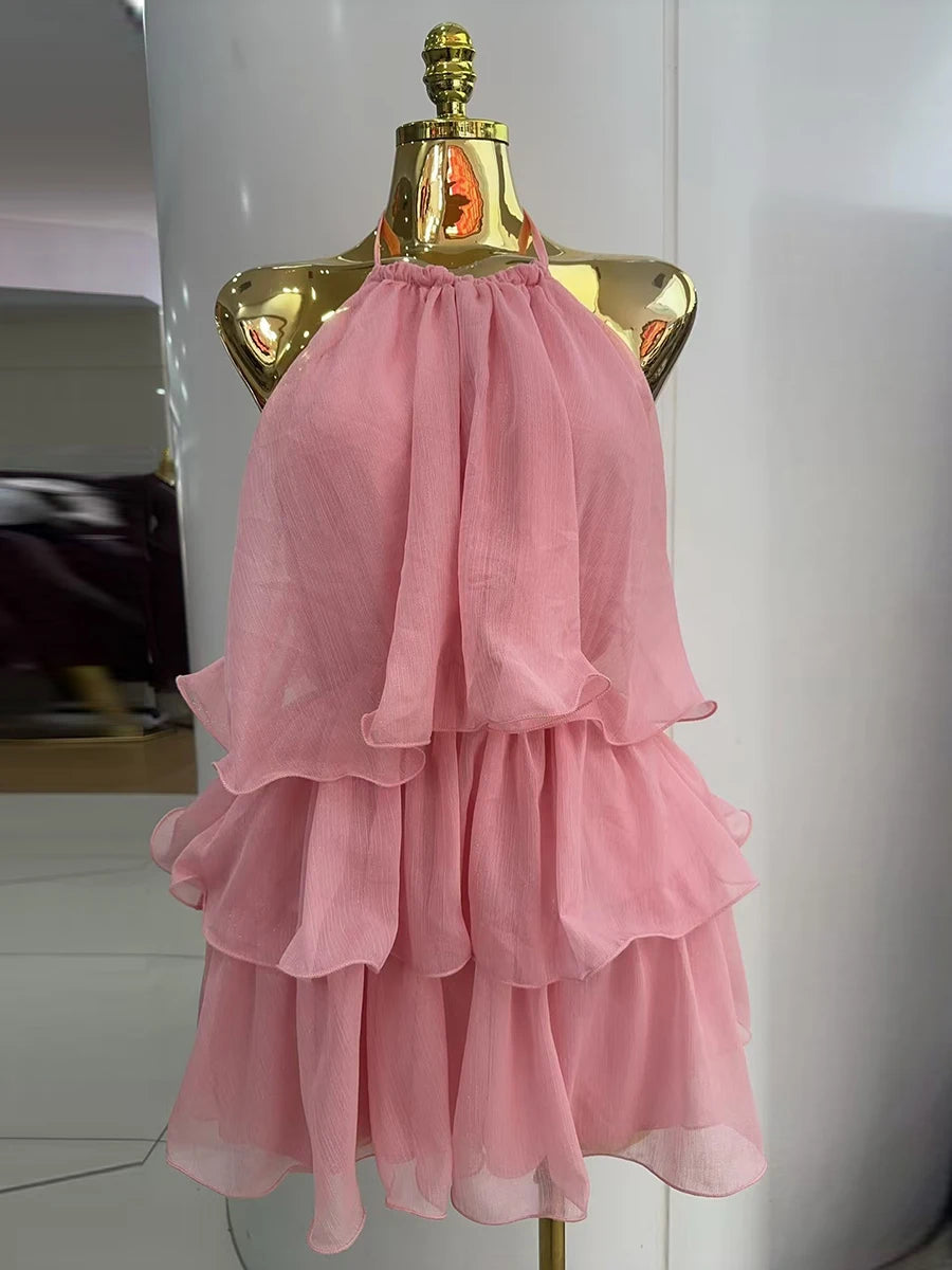 Ingvn  Solid Loose Spliced Ruffles Chic Dress for Women Halter Sleeveless Beach Vacation Dresses Female Summer Fashion New