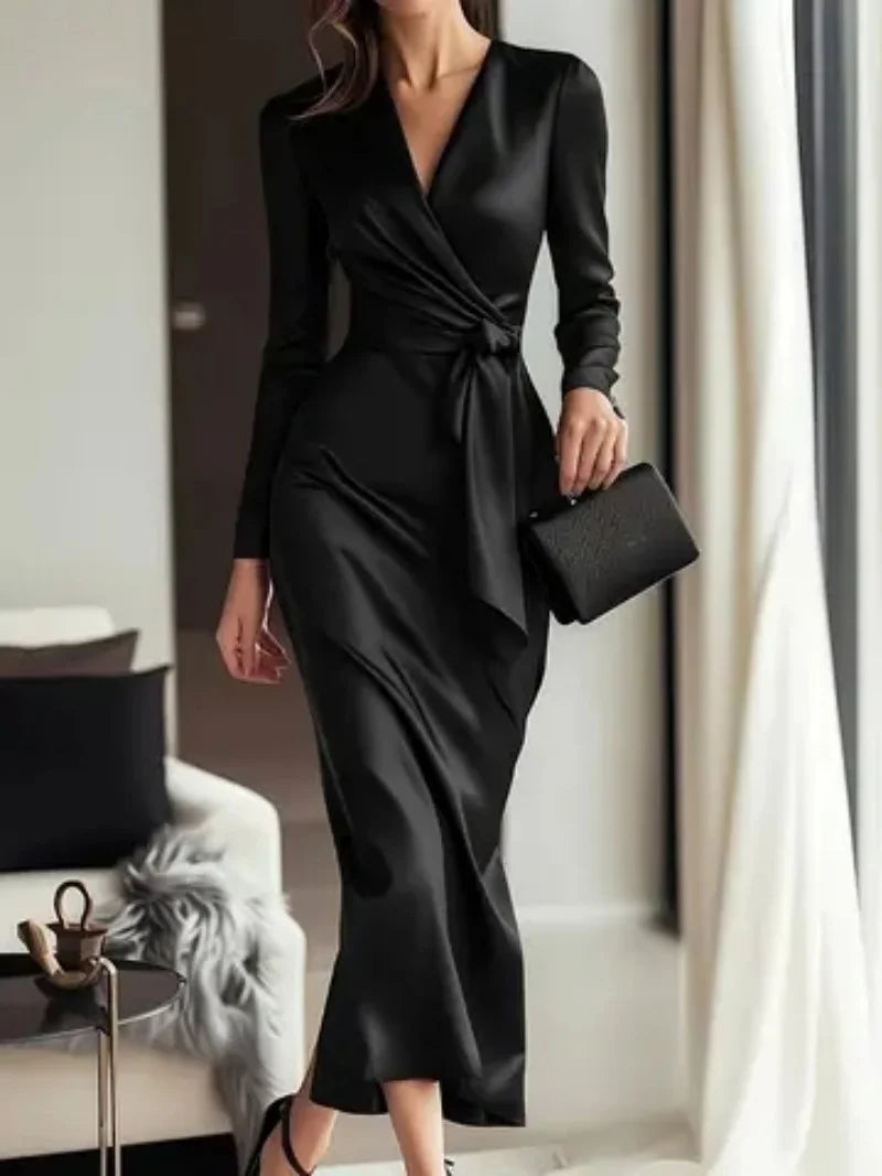 Ingvn  Autumn temperament goddess Hepburn style long-sleeved lace-tight waist dress for women