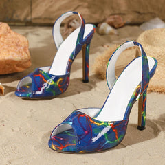 Ingvn - New Arrivals Graffiti Color Leather Women Sandals High Heels Party Dress Shoe Sexy Slip On Back Strap Sandalias Mujer