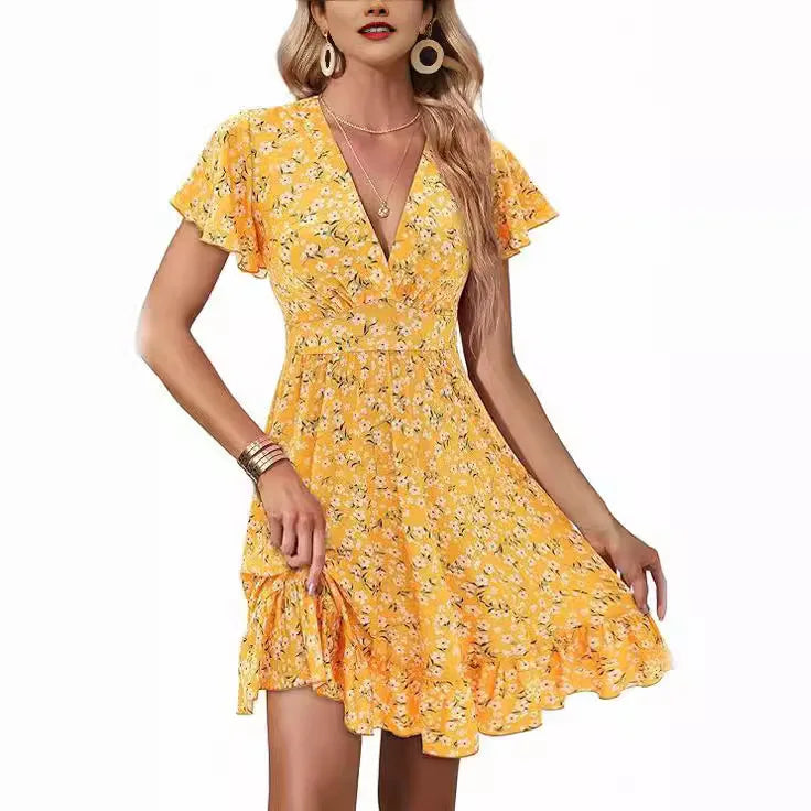 Ingvn  Summer V Neck Wrap Waist Floral Print Ruffle Hem Dress
