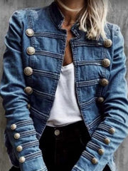 Ingvn  Women's Denim Jackets Autumn Winter Button Vintage Stand Collar Long Sleeve Streetwear Denim Coat Fashion Outerwear