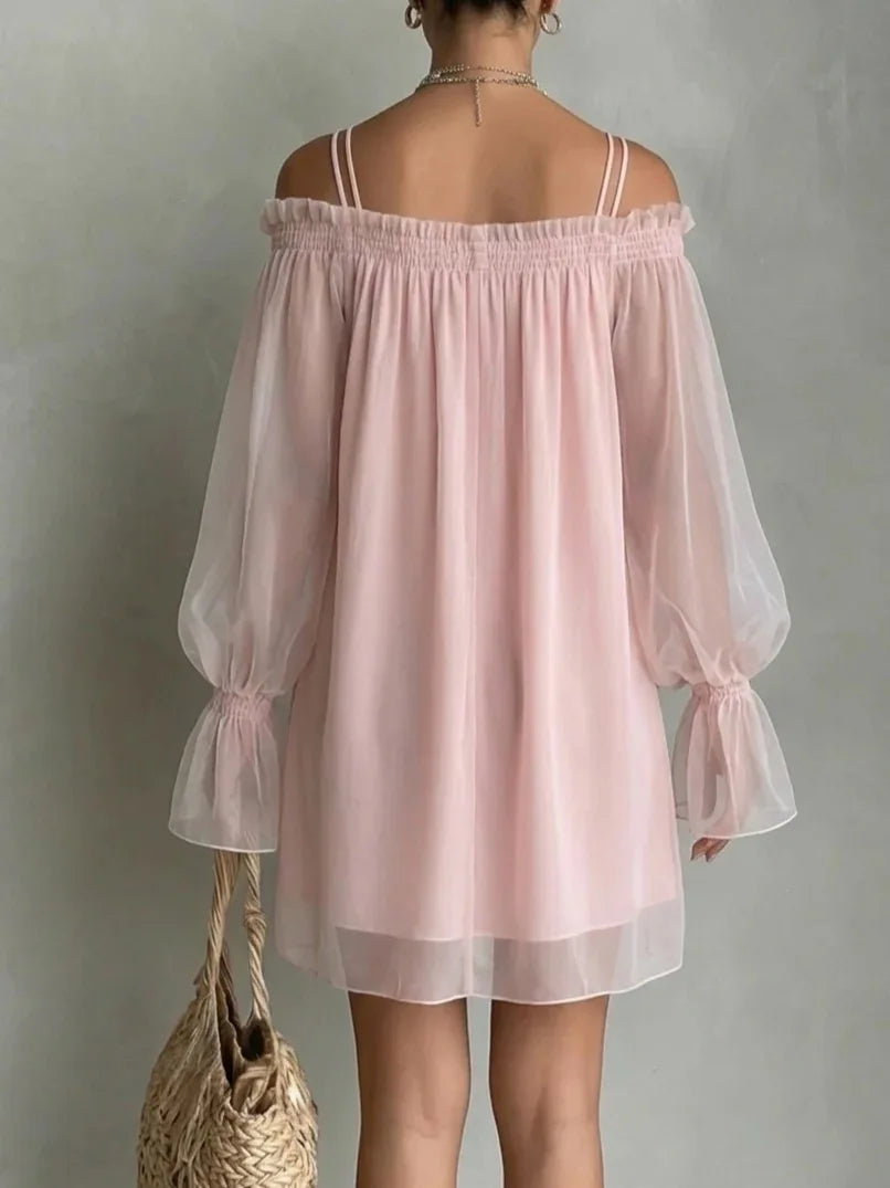 Ingvn  Women's Double Strap Off Shoulder Mini Dress Sheer Mesh Long Sleeve Loose Fit Sexy Sweet Fairy Core Summer New Dress