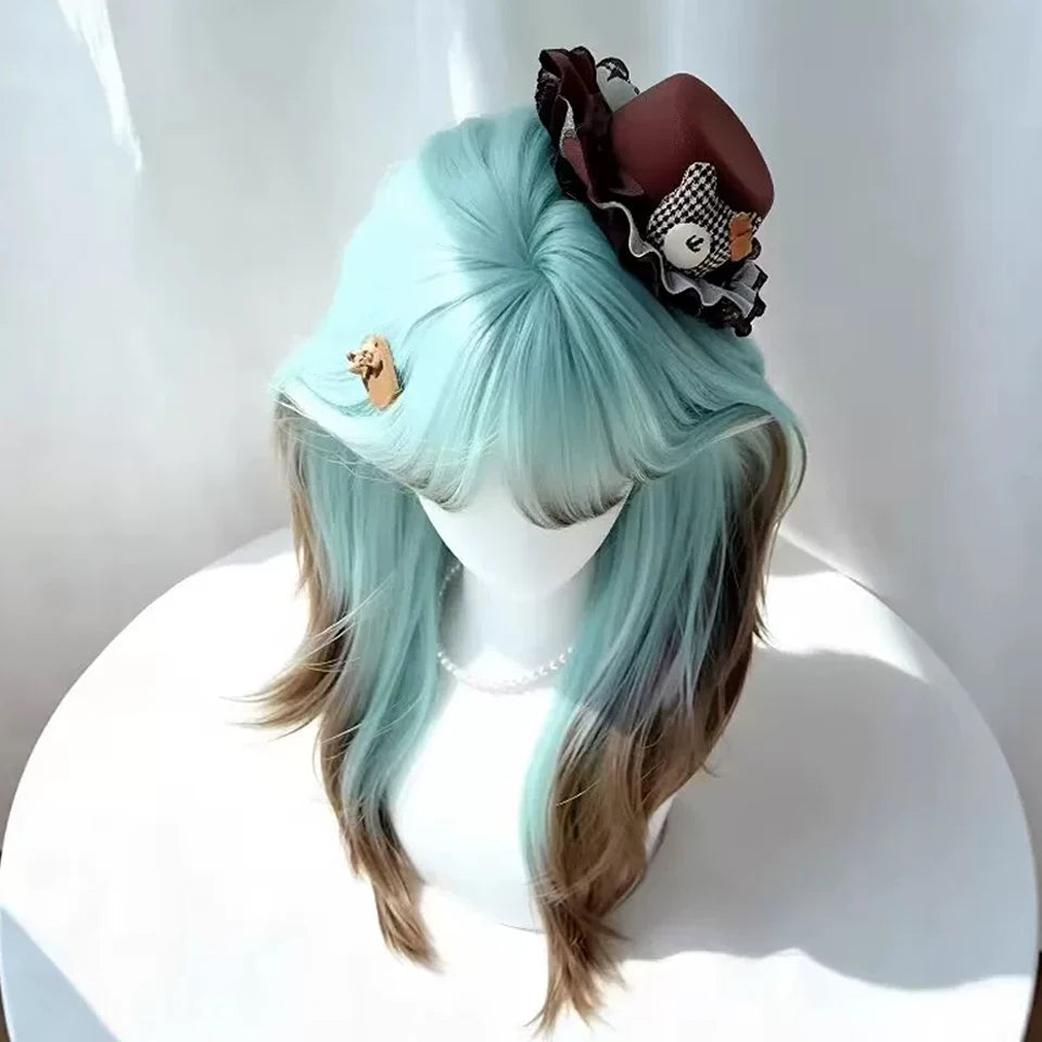 Ingvn - Long Straight Blue Ombre Brown Wig with Bangs Synthetic Natural Layered Lolita Wig Halloween Cosplay Costume Wig for Women