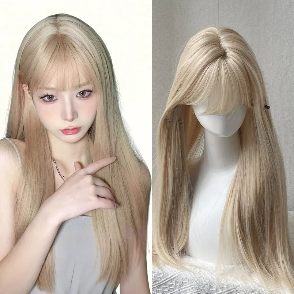 Ingvn  Long Wavy Brown Middle Part Wig Synthetic Lolita Wig Natural Cosplay Party Wig Daily Wear Halloween Costume Y2K Orange Wig