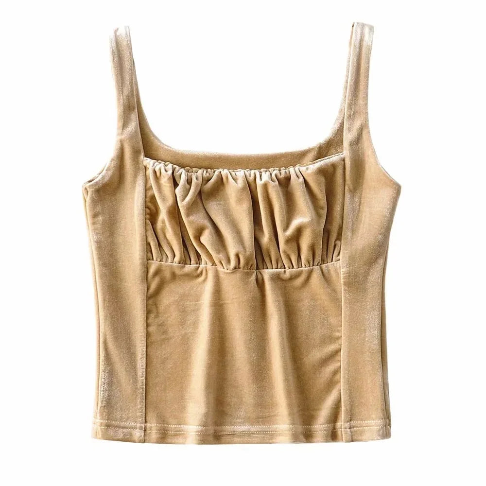 Ingvn  Candy Color Ruched Pleated Velour Camis Streetwear Tube Women Summer Tank Tops Retro Cool Girls Sexy Slim Crop Top Tees