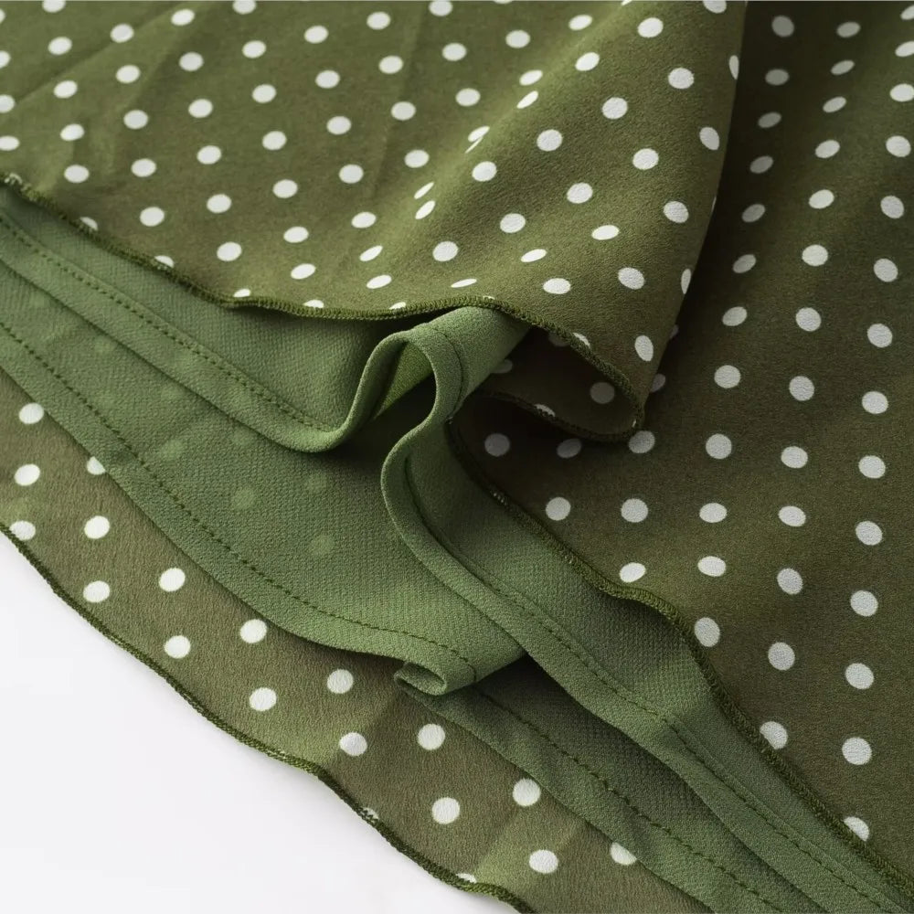Ingvn  Vintage French Style ArmyGreen Polka Dot Print Wood ears O neck Sling Dress Women a-lined Short Dresses Femme Vestidos Robe