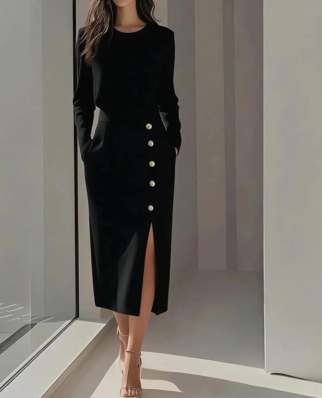 Ingvn  Solid Color Long Sleeves Pocket Button Decorated Slit Midi Dress