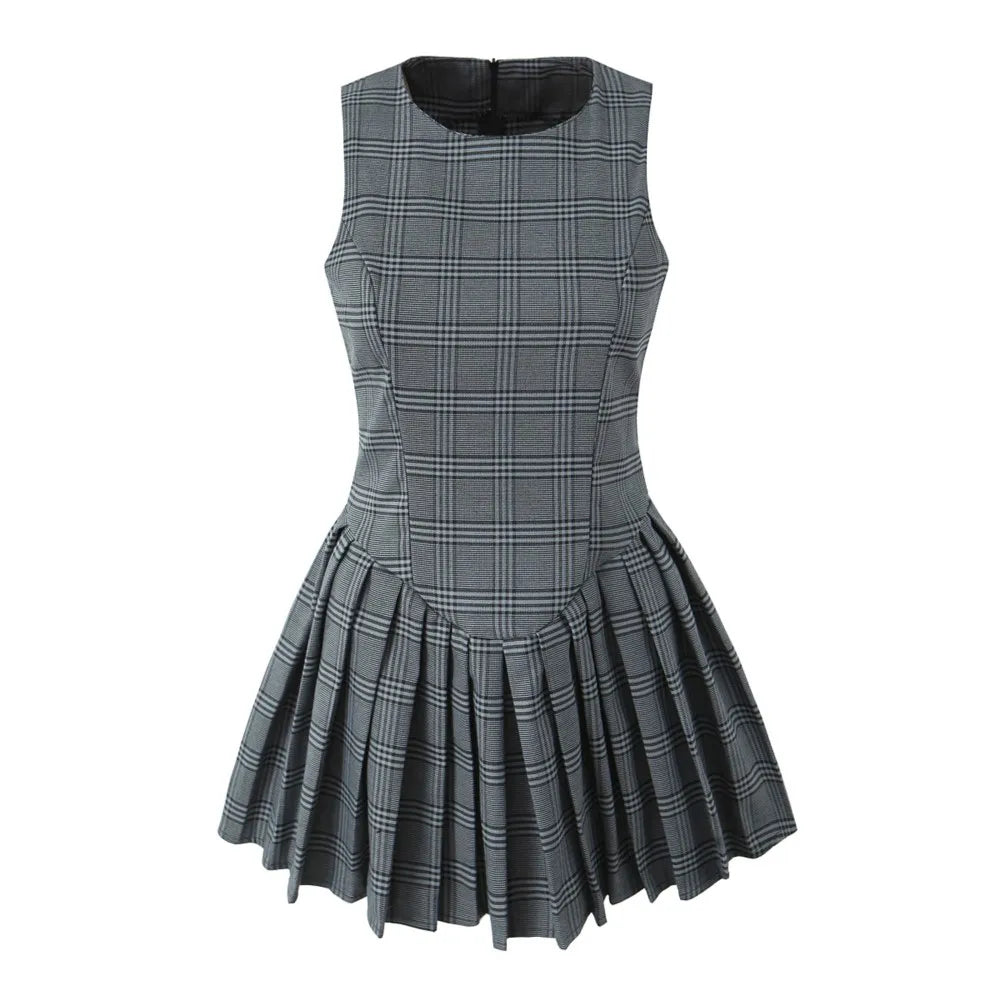 Ingvn  Sexy O neck Gray Plaid Print Sleeveless Mini Dress Low Waist Spliced Folded Pleated Swing Women Tank Dresses Short Robe