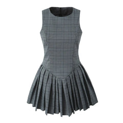 Ingvn  Sexy O neck Gray Plaid Print Sleeveless Mini Dress Low Waist Spliced Folded Pleated Swing Women Tank Dresses Short Robe