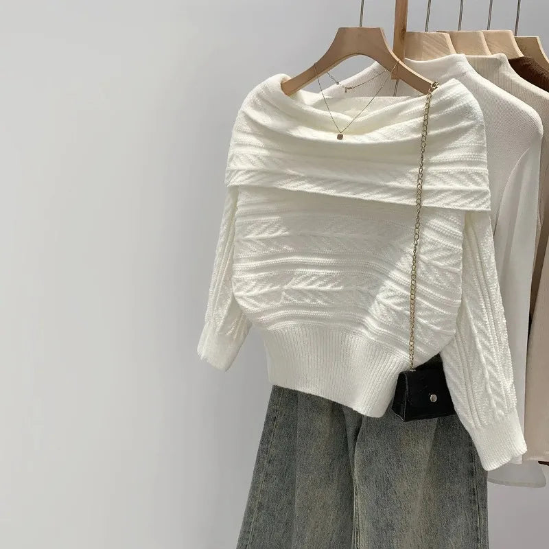 Ingvn - Autumn/Winter Fashion New Korean Warm Thick Design Sweater Single Shoulder Knitted Sweater Elegant Loose Hoodie  Jumper