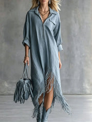 Ingvn - Elegant Loose Tassel Trim Dress Irregular Hemline Vintage Style Women's Fashion Autumn Casual Vacation Dress