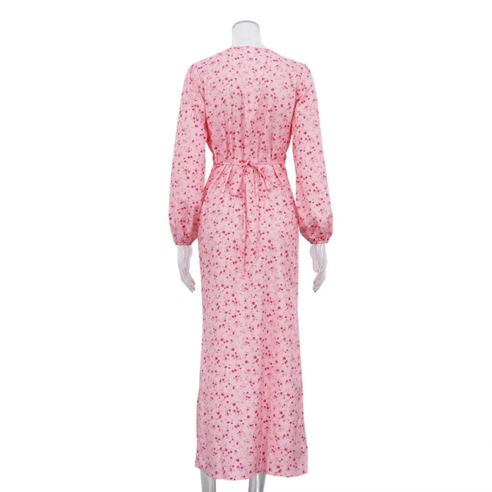 Ingvn  Elegant Printed A Line Dresses for Women V Neck Puff Sleeve High Waist Patchwork Single Breasted Slit Dress Female