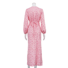 Ingvn  Elegant Printed A Line Dresses for Women V Neck Puff Sleeve High Waist Patchwork Single Breasted Slit Dress Female