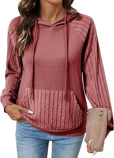 Ingvn - Women Early Autumn New Style Pocket Pullover Hooded Patchwork Thin Hoodie Casual Versatile Pullover Long Sleeve Top