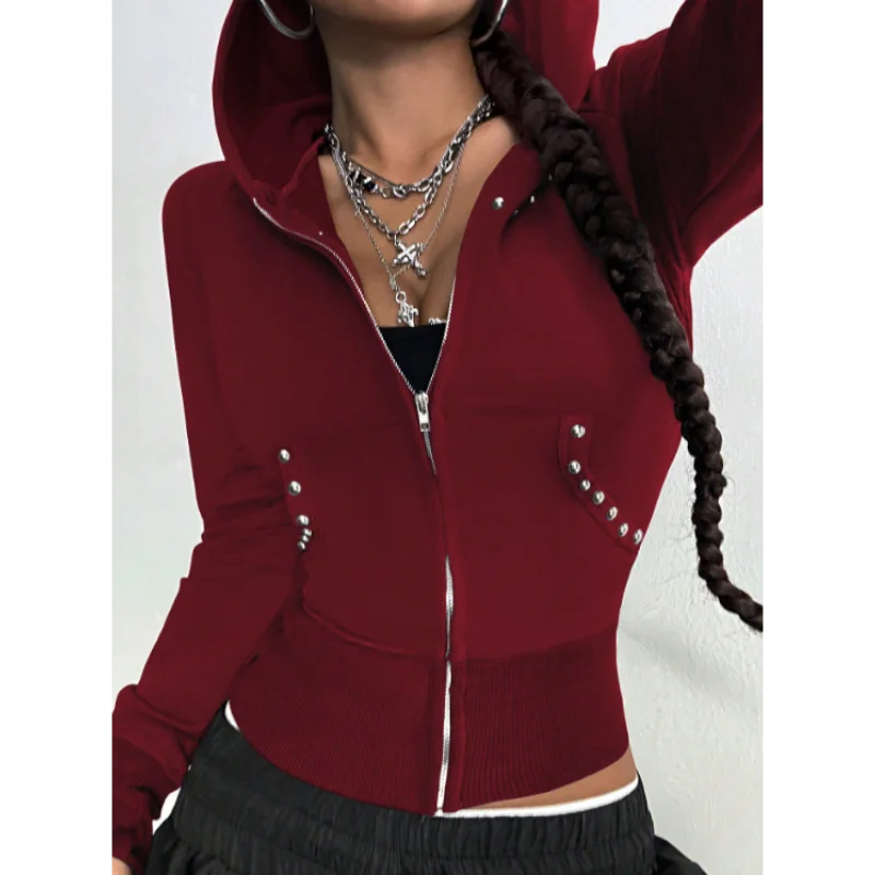 Ingvn - European American Style Spring Autumn New Hooded Womens Sweatshirt Fashion Trendy Slim Fit Versatile Beaded Cardigan Coat