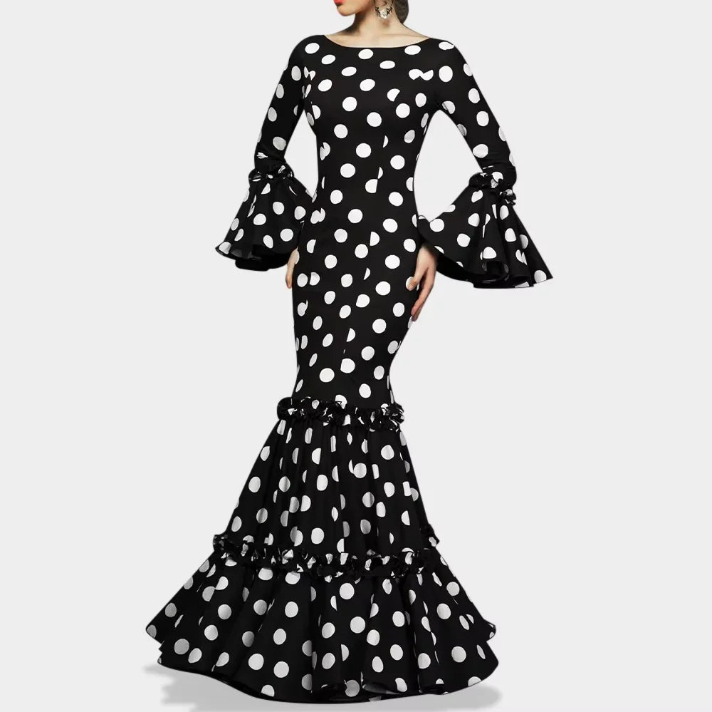 Ingvn  Polk Dot Print Long Dress for Women Flare Sleeve Ruffle Elegant Sexy Trumpet Dress Slim Round Neck Temperament Female Dresses