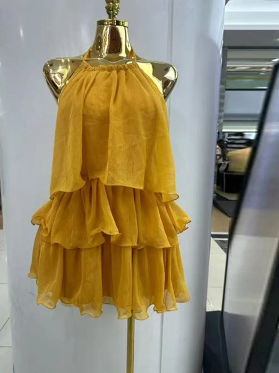 Ingvn  Solid Loose Spliced Ruffles Chic Dress for Women Halter Sleeveless Beach Vacation Dresses Female Summer Fashion New