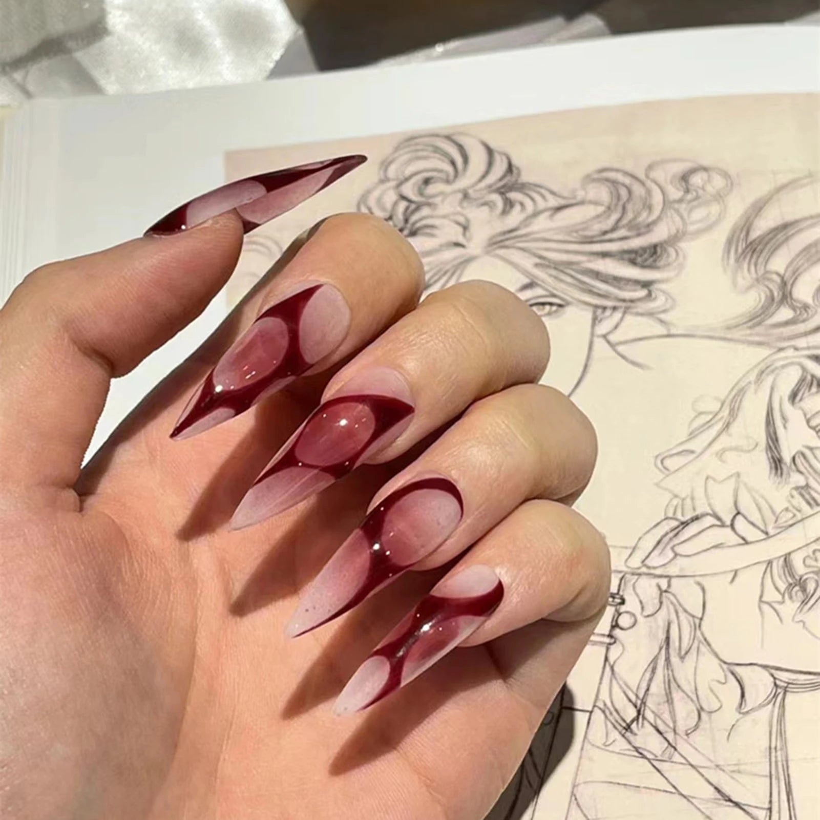 Super Cool y2k Nails Press On Long Stiletto Fake Nail Art Silver Flame Blush False Nails With Designs Full Manicure Nail Tips