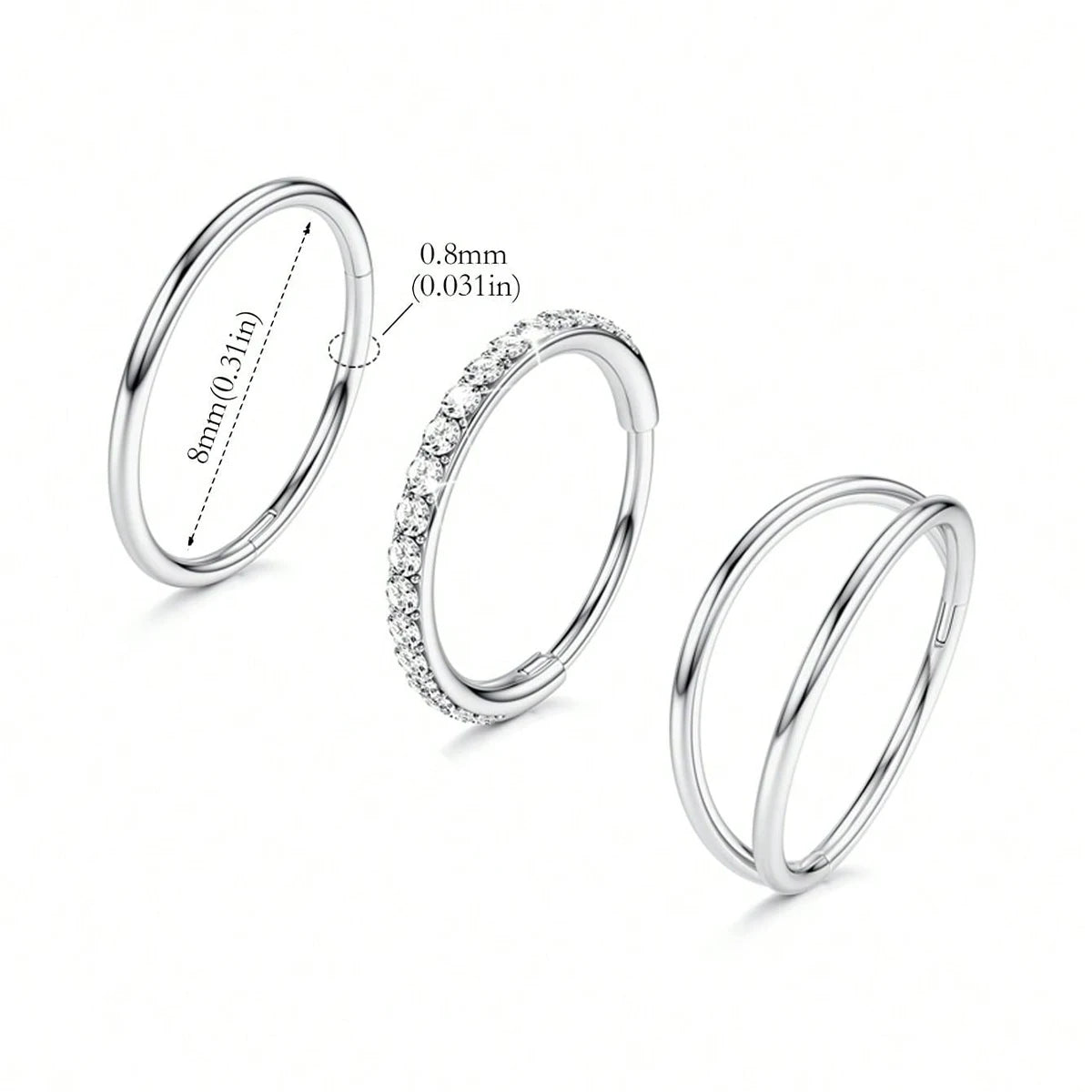 Ingvn  3pcs Nose Rings Hoops - 316L Surgical Steel Double Hoop Nose Rings 16G/18G/20G Hinged CZ Conch Piercing Cartilage Earrin Jewelry