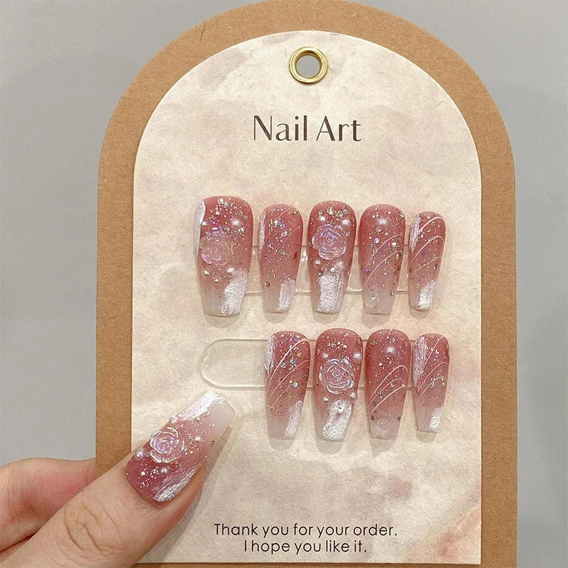 Ingvn  10Pcs Handmade Press on Nails Long Ballet Blue Fake Nails with 3D Ocean Moon Rhinestone Design False Nails Full Cover Nail Tips